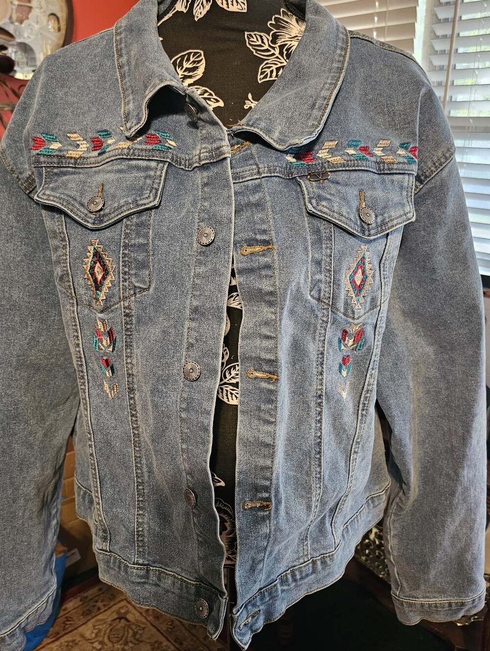 Embroidered AZTEC stonewashed Stretch Denim Jacket - Women By LUCKY AND BLESSED